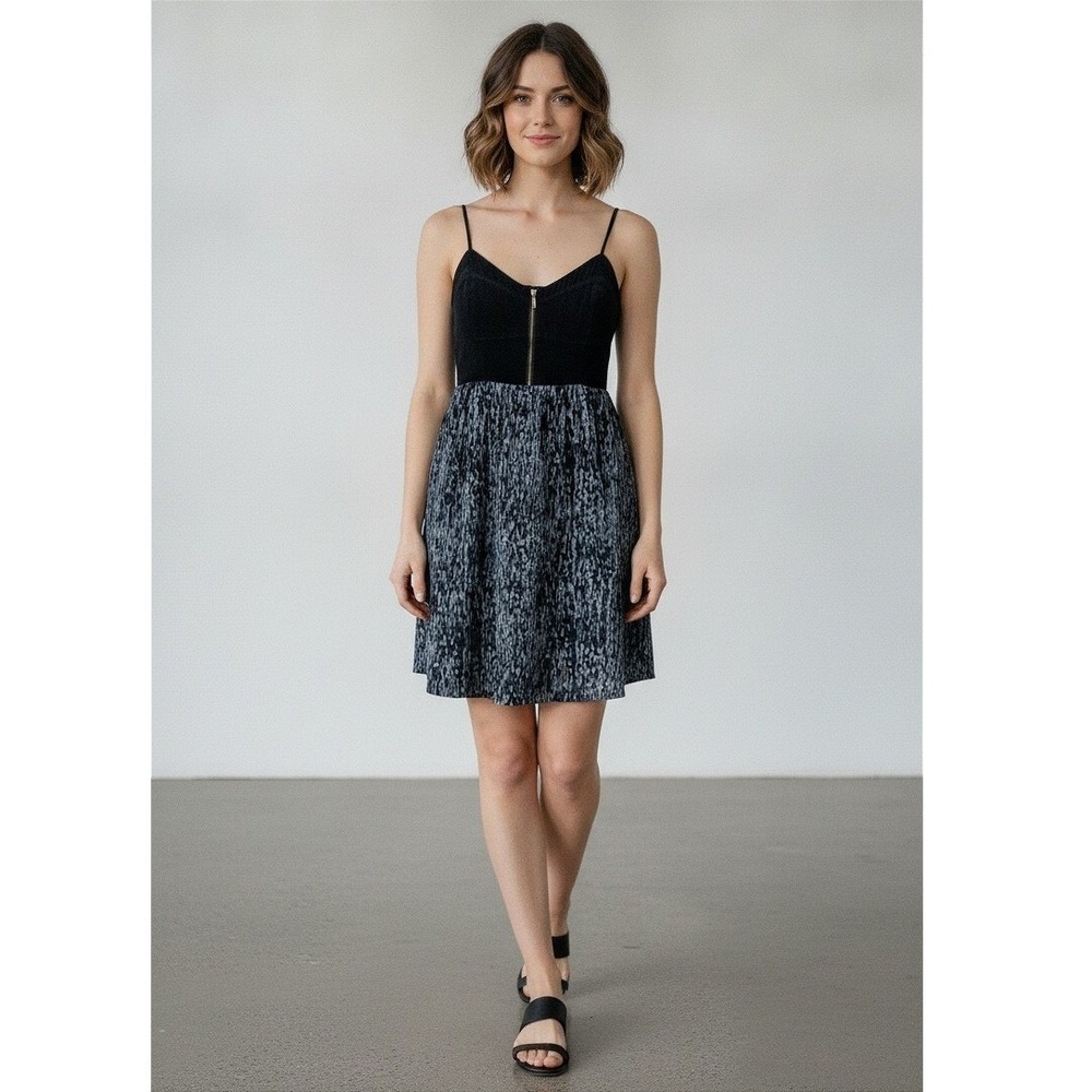 Moulinette Soeurs 100% Silk Dress Abstract Print Mini Women's 4 Blue Smocked Zip
